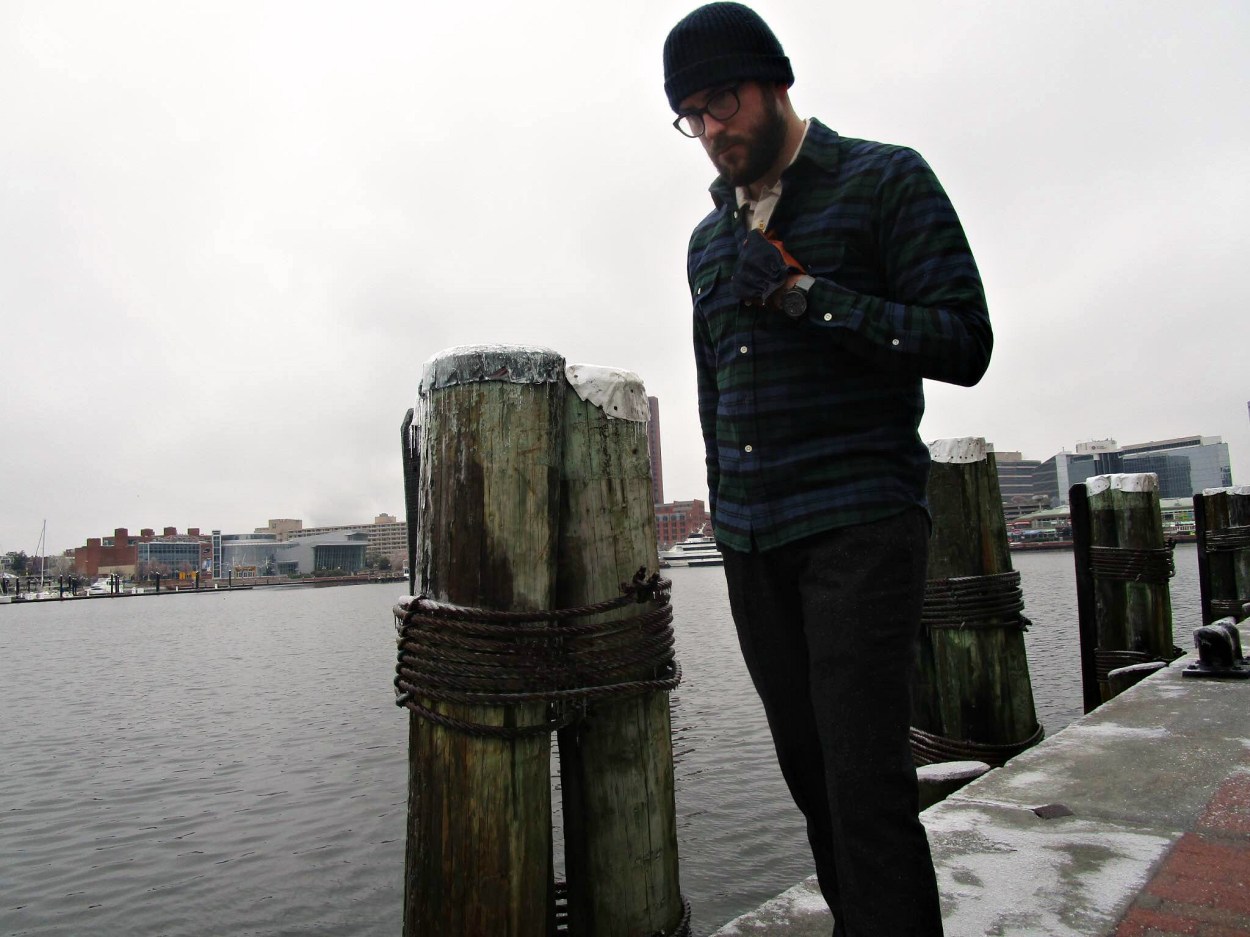 Rugged layers for a chilly weekend. Wool Shirt by Abercrombie & Fitch. Yosemite Shirt by Taylor Stitch. Donegal Trousers by JackThreads. Red Wing Leather Waterbury Chrono by Timex _ Todd Snyder. Ranger Gloves by Grifter Company. Glasses by Frameri. Cashmere hat by Club Monaco.