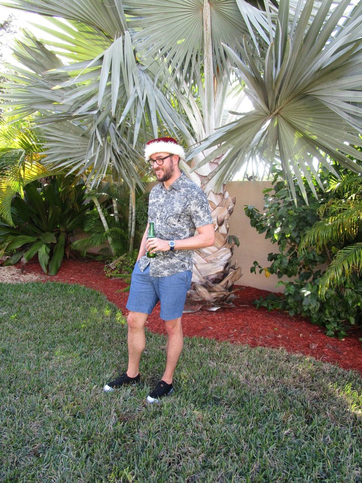 Dressed for Christmas the Florida way. Printed shirt by Quiksilver. Chambray shorts by Canvas by Lands' End. Ripper Sneakers by Reef. Nautical 3-Hand Watch by Jack Mason. Glasses by Frameri. 
