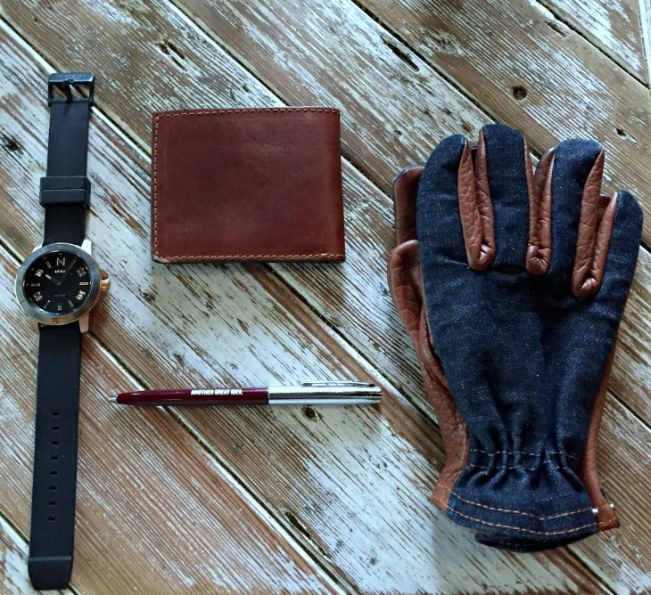 The everyday carry for a quick road trip. Ranger Gloves by Grifter Company. Wallet by Brothers Leather (Get 15% off with the code 'BrotherBeau15'! Calypso Watch by MVMT Watches. Pen by Owen & Fred.