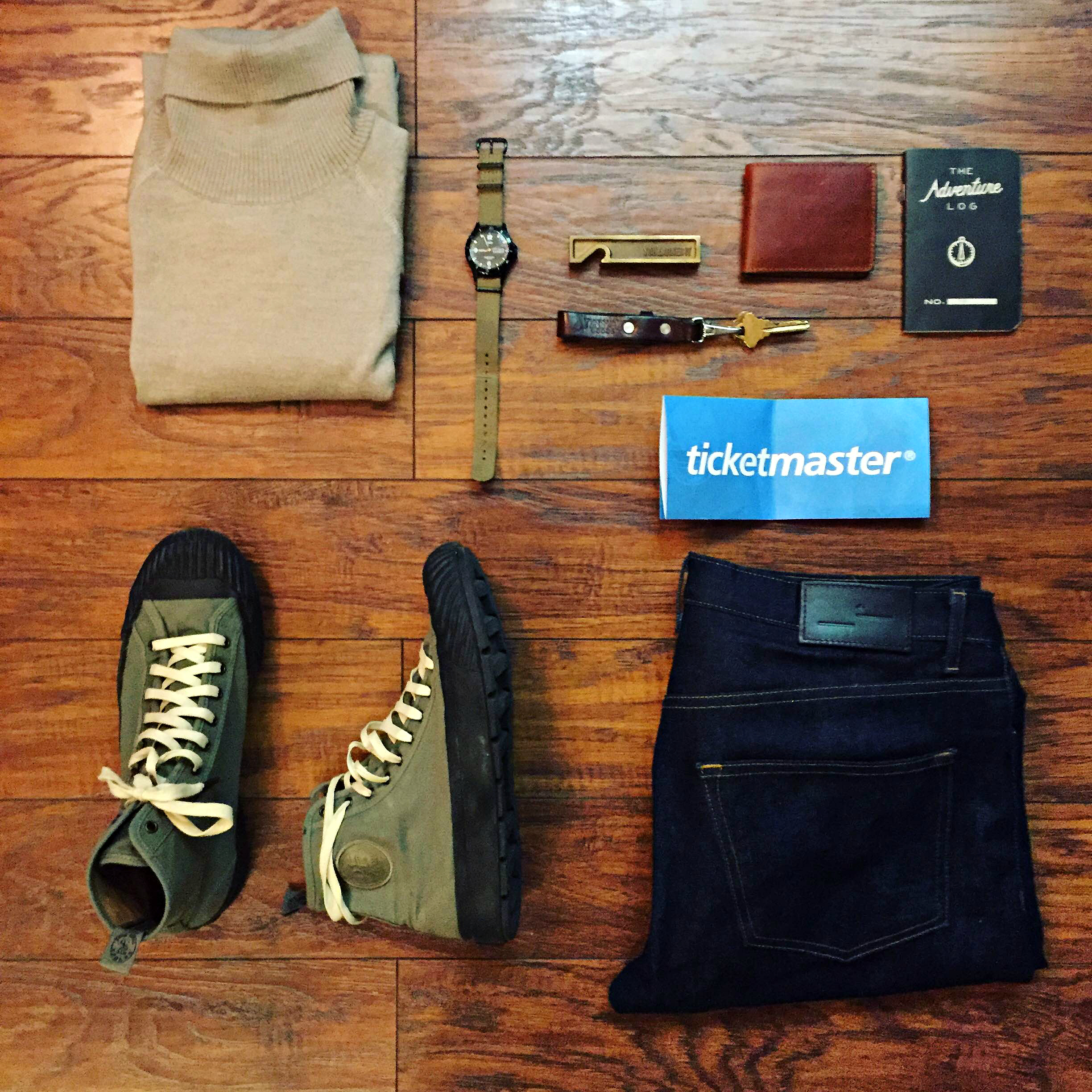Gear for a Saturday on the road and a Saturday concert. Sweater by The Knit Project. Dark denim by Frank & Oak. Grounder Hi-Tops by Todd Snyder x P.F. Flyers. Field watch by Timex for J. Crew. Lanyard by Tanner Goods. 810 Wallet by Brothers Leather Supply. Adventure Log by Word Notebooks. 