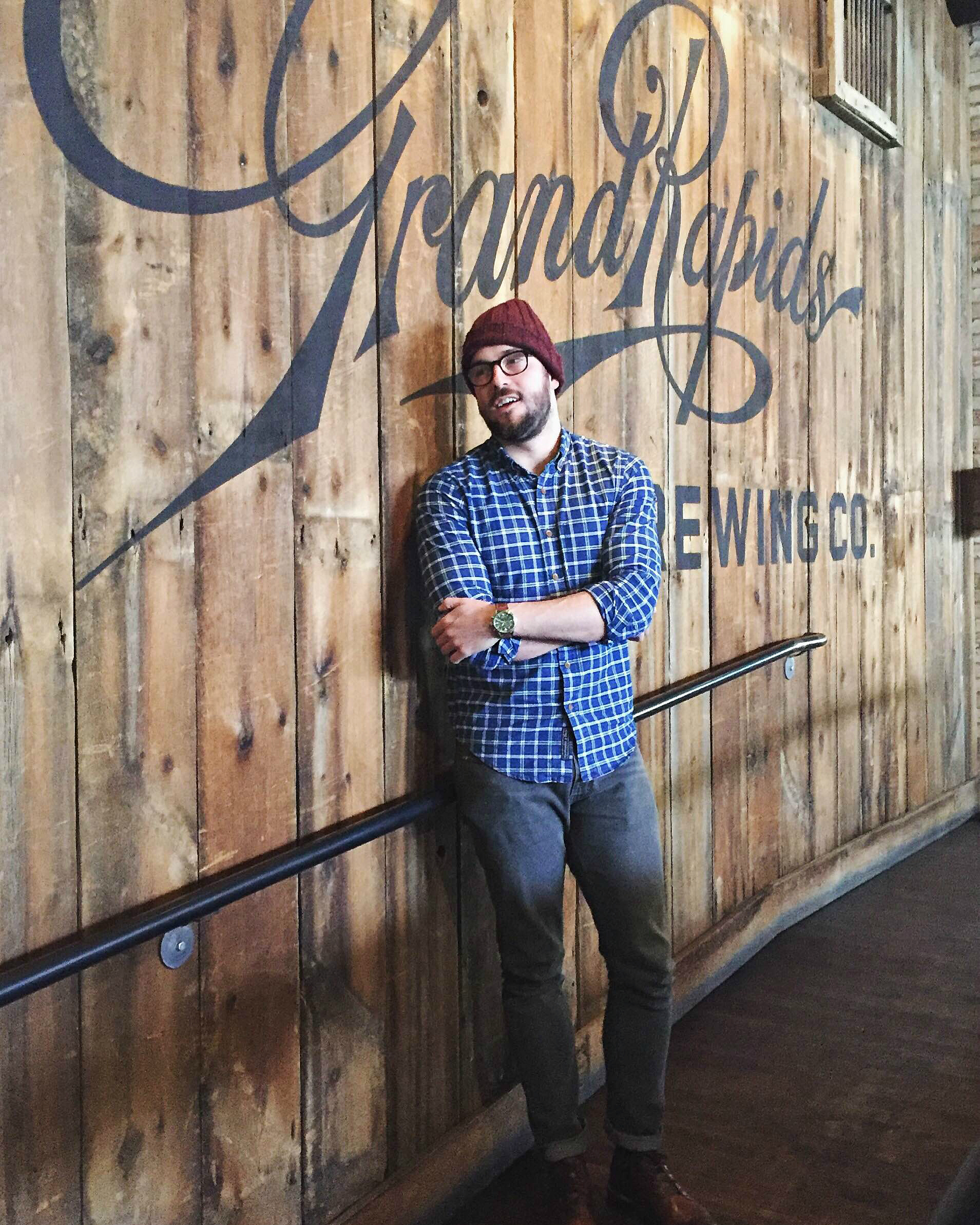 Dressed with brewery-hopping in mind. Indigo Plaid Shirt by Abercrombie & Fitch., 505C Denim by Levi's. Sutter Boots by CAT Footwear. Waterbury Chrono by Timex x Red Wing Heritage. Stocking cap by JackThreads. Glasses by Frameri. 